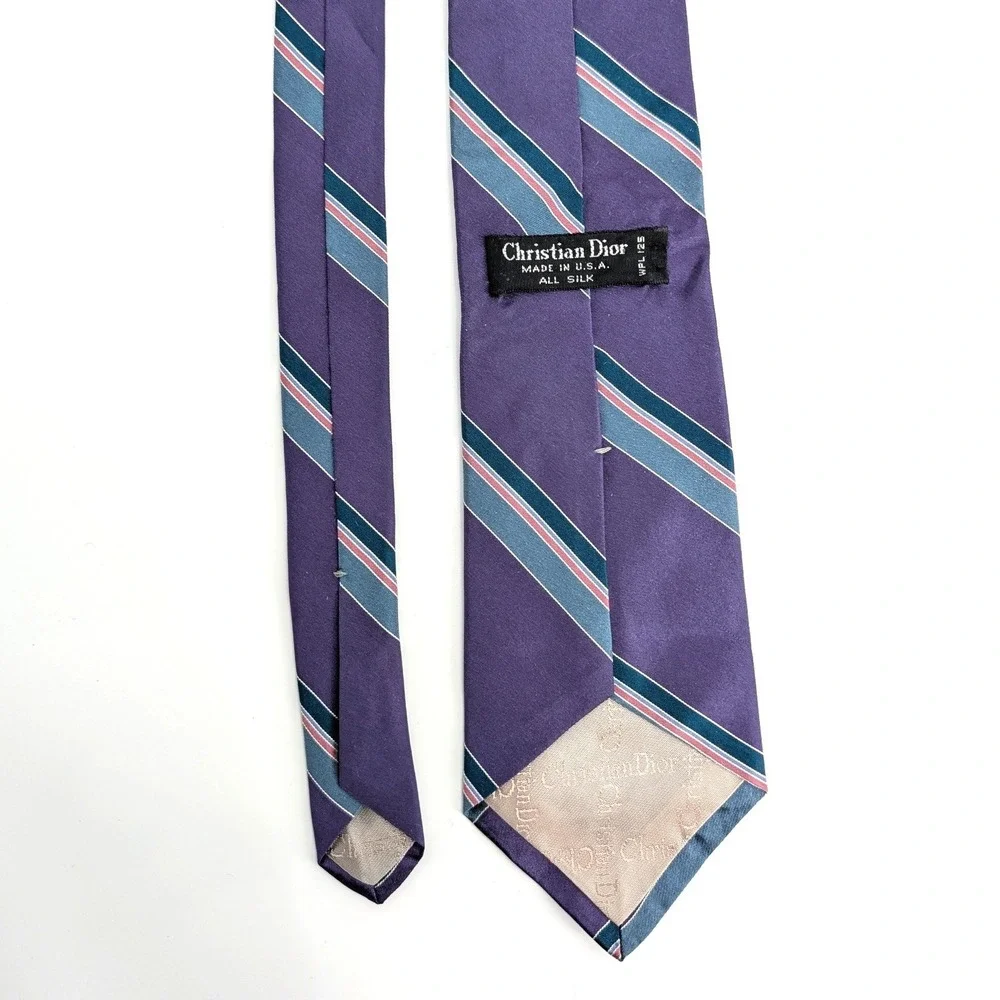Christian Dior Silk Necktie Purple Teal‎ Pink Striped Vintage Made in USA